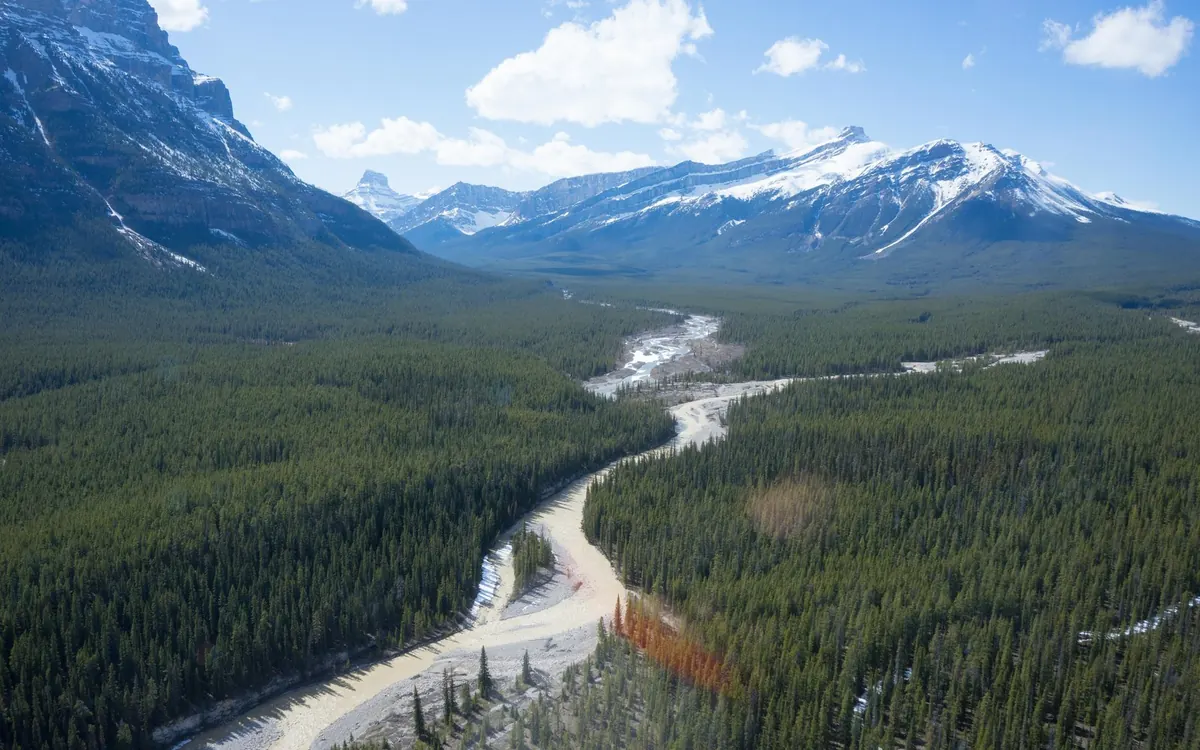 The Bow Valley and the Canadian Rockies seen from a helicopter