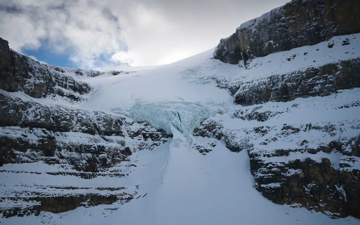 A glacier in the Canadian Rockies seen from a helicopter