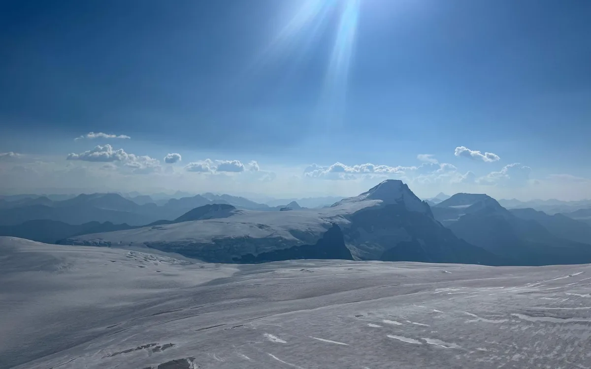An icefield in the Canadian Rockies seen from a helicopter