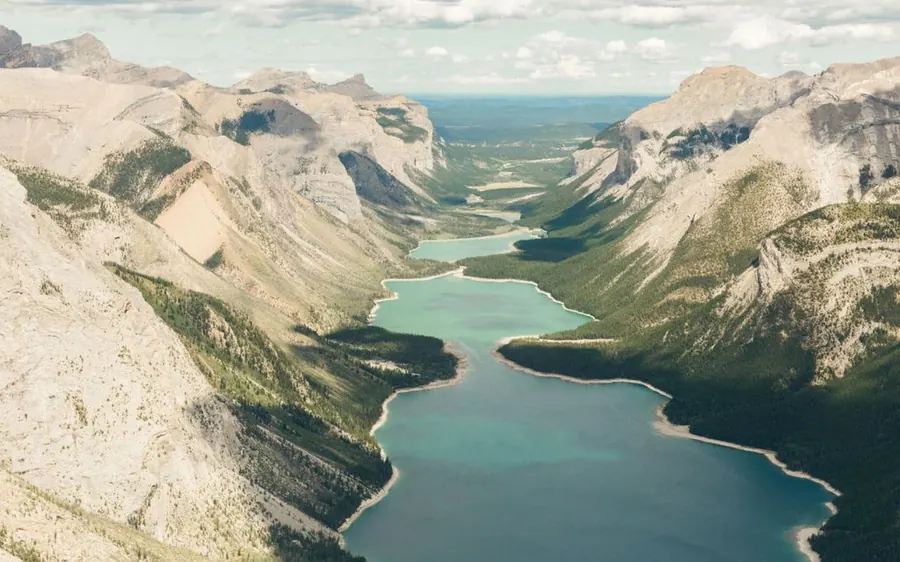 Lake Minnewanka seen from a helicopter above Banff