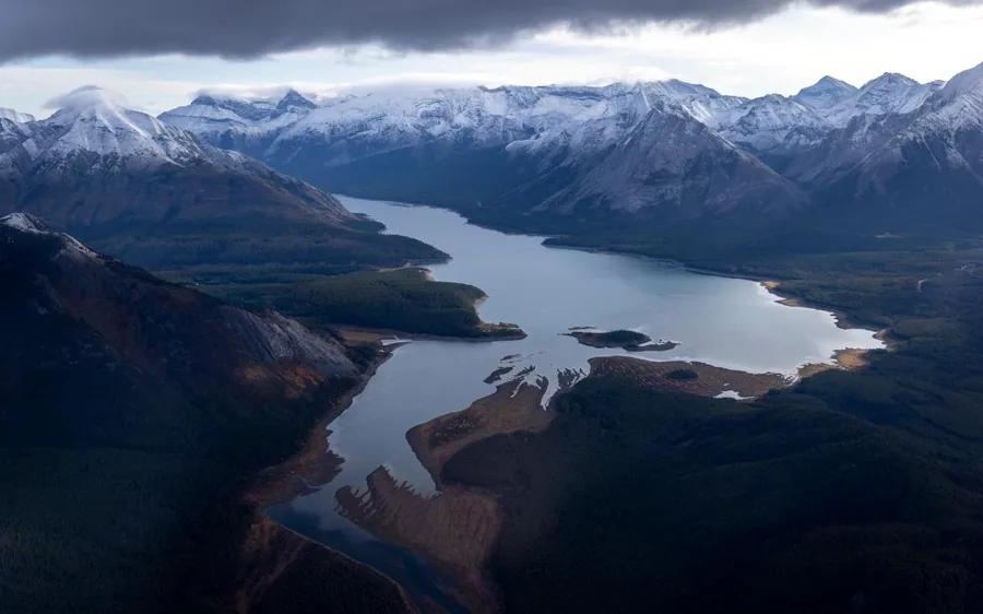 The alpine lakes of Kananaskis Country from the air